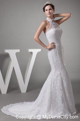 Halter Top Mermaid Lace with Beading Court Train Wedding Dress