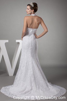 Halter Top Mermaid Lace with Beading Court Train Wedding Dress