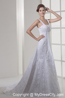 Modern Square Neck Lace Court Train Wedding Anniversary Dress