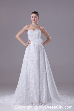 Sweetheart Court Train Lace with Sequins Wedding Dress with Sash