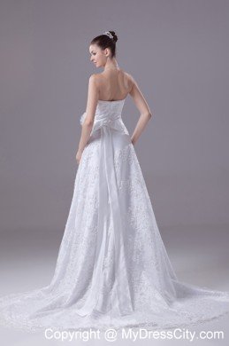 Sweetheart Court Train Lace with Sequins Wedding Dress with Sash