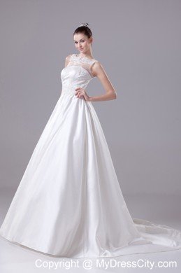 Sheer Bateau Neck Satin Princess Appliques Wedding Gowns