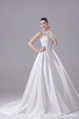 Sheer Bateau Neck Satin Princess Appliques Wedding Gowns