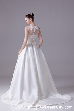 Sheer Bateau Neck Satin Princess Appliques Wedding Gowns