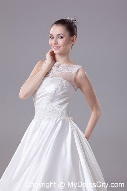 Sheer Bateau Neck Satin Princess Appliques Wedding Gowns