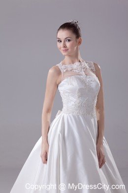 Sheer Bateau Neck Satin Princess Appliques Wedding Gowns