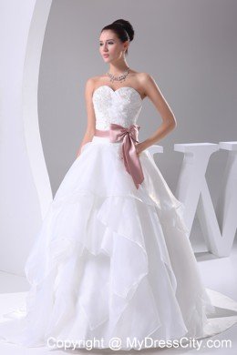 Appliques Sweetheart Court Train Wedding Gown with Blush Sash