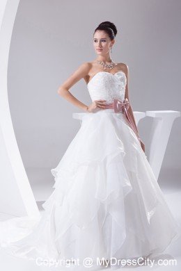 Appliques Sweetheart Court Train Wedding Gown with Blush Sash