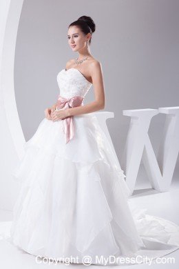 Appliques Sweetheart Court Train Wedding Gown with Blush Sash