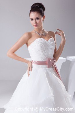 Appliques Sweetheart Court Train Wedding Gown with Blush Sash