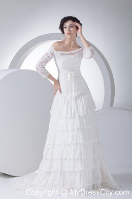 Off The Shoulder Lace Ruffles Layered Court Train Wedding Dress