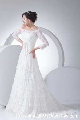 Off The Shoulder Lace Ruffles Layered Court Train Wedding Dress