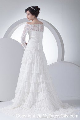 Off The Shoulder Lace Ruffles Layered Court Train Wedding Dress