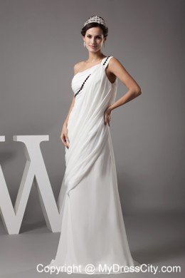 One Shoulder Beading Long Bridal Dress with Black Rhinestone