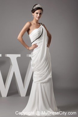 One Shoulder Beading Long Bridal Dress with Black Rhinestone