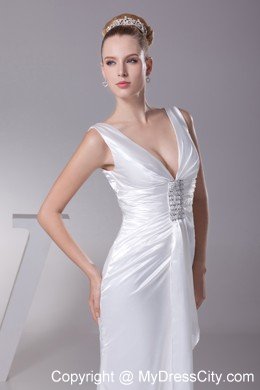 V-neck Column Beading Taffeta Long Wedding Anniversary Dress