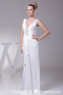 V-neck Column Beading Taffeta Long Wedding Anniversary Dress