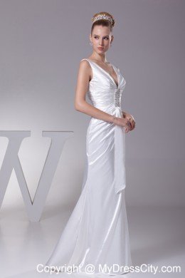 V-neck Column Beading Taffeta Long Wedding Anniversary Dress