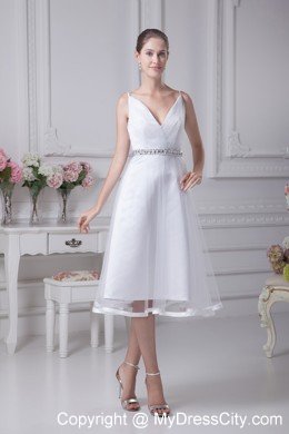 Beaded Decorate Waist V-neck Knee-length Beach Bridal Dress