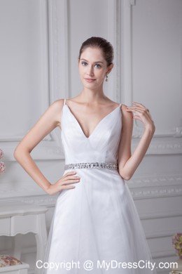 Beaded Decorate Waist V-neck Knee-length Beach Bridal Dress