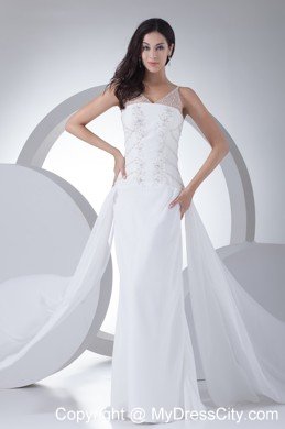 Sheer V-neck with Beading Chiffon Bridal Dress with Watteau Train