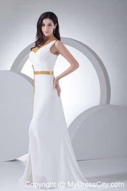 One Shoulder Column Ruching Wedding Dress with Gold Sequins