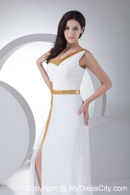 One Shoulder Column Ruching Wedding Dress with Gold Sequins