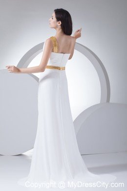 One Shoulder Column Ruching Wedding Dress with Gold Sequins