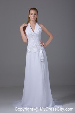 Appliques Halter Top Column Chiffon Wedding Reception Dress