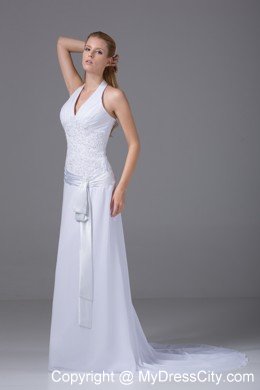 Appliques Halter Top Column Chiffon Wedding Reception Dress