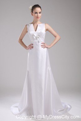 Deep V-neck Hand Made Flower Satin Wedding Dress with Zipper