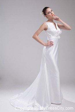 Deep V-neck Hand Made Flower Satin Wedding Dress with Zipper