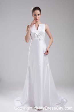 Deep V-neck Hand Made Flower Satin Wedding Dress with Zipper