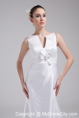 Deep V-neck Hand Made Flower Satin Wedding Dress with Zipper