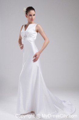 Deep V-neck Hand Made Flower Satin Wedding Dress with Zipper