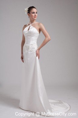 A-line Straps Beading Satin Cut Outs Sweep Train Wedding Dress