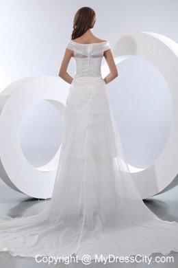 Off The Shoulder Satin and Organza Flower and Tiered Bridal Dress