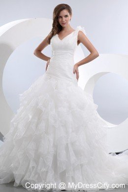 V-neck Taffeta and Organza Bridal Dress with Ruffles Layered