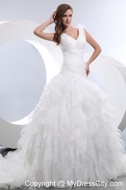 V-neck Taffeta and Organza Bridal Dress with Ruffles Layered