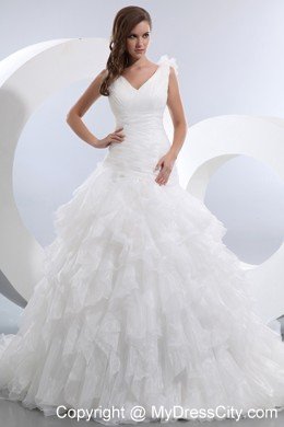 V-neck Taffeta and Organza Bridal Dress with Ruffles Layered