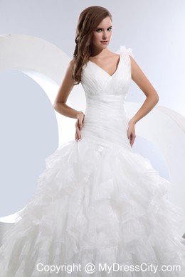 V-neck Taffeta and Organza Bridal Dress with Ruffles Layered