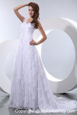 V-neck Court Train Taffeta and Lace Dress for Beach Wedding