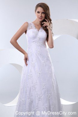 V-neck Court Train Taffeta and Lace Dress for Beach Wedding