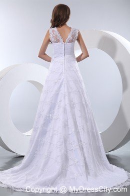 V-neck Court Train Taffeta and Lace Dress for Beach Wedding