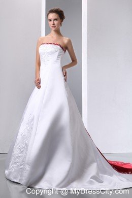 White and Red Satin Embroidery With Beading Wedding Gowns