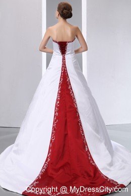 White and Red Satin Embroidery With Beading Wedding Gowns