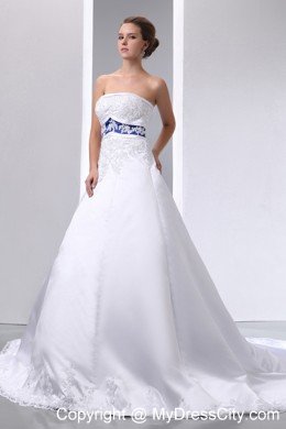 Appliques Strapless Satin and Lace Wedding Dress with Blue Color