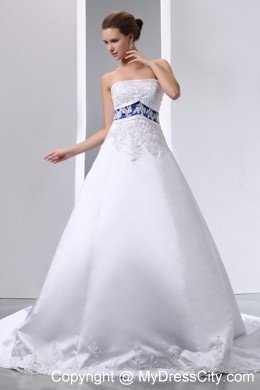 Appliques Strapless Satin and Lace Wedding Dress with Blue Color