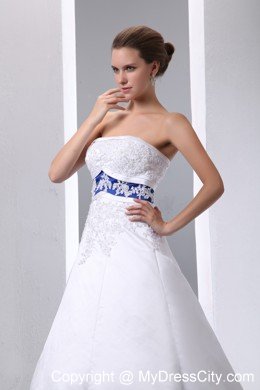 Appliques Strapless Satin and Lace Wedding Dress with Blue Color