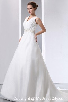 Beaded Decorate Waist V-neck Satin and Organza Wedding Gowns